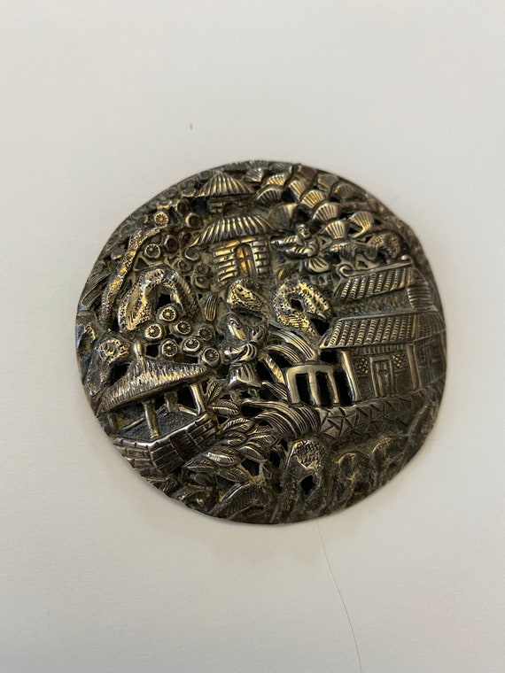 Antique Sterling Silver 3D Chinese Brooch