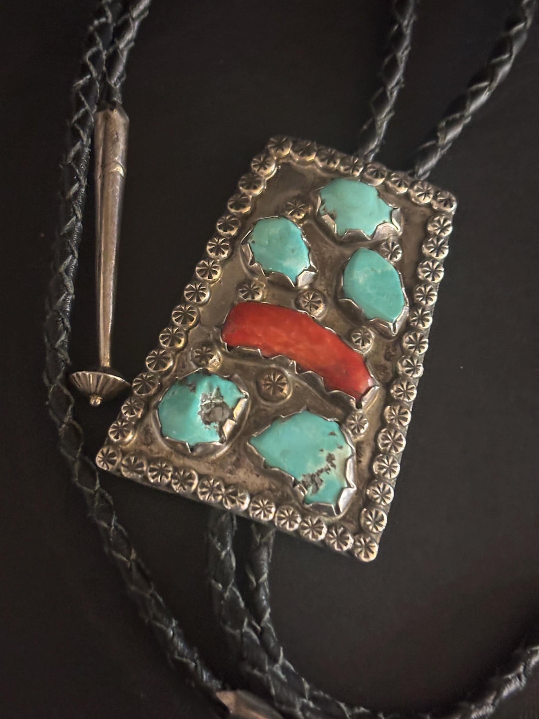 Native American ~ Navajo ~ Sterling Silver / Turquoise and Coral Bolo ...