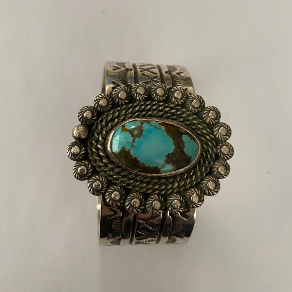 Robert Yellowhorse Navajo Stamped Sterling Silver / Turquoise Cuff Bracelet