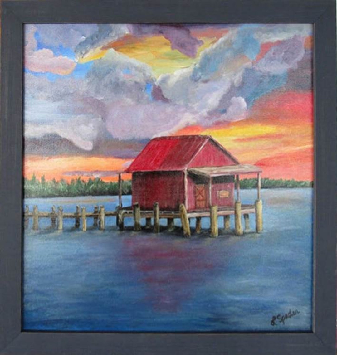 ORIGINAL FRAMED Acrylic Painting, Fish Shacks, Fish Shack, House on the Water, Southwest Florida