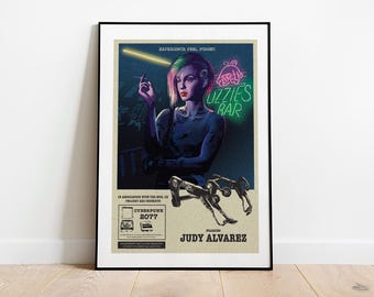 May include: Poster print featuring a woman with pink and green hair, holding a cigarette, with the neon sign "Lizzie's Bar." The poster is for "Cyberpunk 2077" and stars Judy Alvarez. The poster is framed in black.