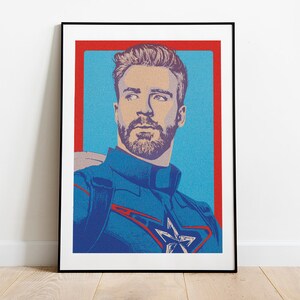 May include: A digital art print of a man with a beard wearing a blue and red superhero costume. The background is blue with a red border.