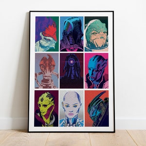 Wrex, Grunt, Mordin, Garrus, Legion, Aria, Tali, Thane and Jack group portrait from Mass Effect  pop art inspired poster