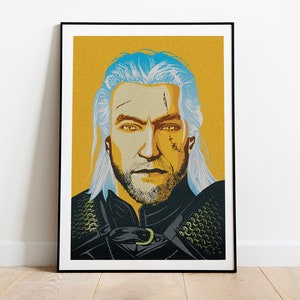 Könnte beinhalten: Ein gerahmter Kunstdruck mit einem stilisierten Porträt eines Mannes mit weißem Haar und Bart. Das Kunstwerk hat einen gelben Hintergrund und der Mann trägt ein schwarzes Outfit. Das Bild ist ein Porträt.