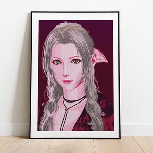 May include: A digital illustration of a woman with long, silver hair and pink pointed ears. She is wearing a red and black jacket and a black choker necklace. The background is a dark purple.