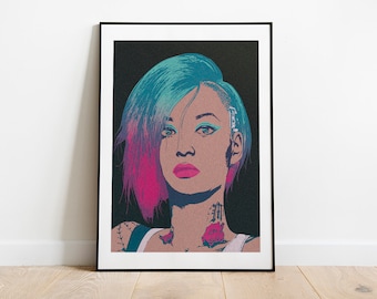May include: A framed print of a woman with blue and pink hair, wearing a white tank top and looking to the side. She has a rose tattoo on her neck and a tattoo on her arm. The background is black.
