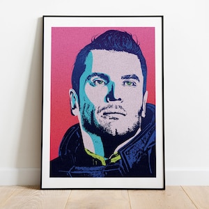 May include: A pop art style portrait of a man with blue and green accents against a pink background.