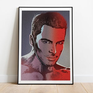 May include: A close-up portrait of a person with short brown hair. The person's face is half red and half blue, creating a striking contrast.