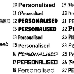 K&ouml;nnte beinhalten: Eine Grafik mit 27 verschiedenen Schreibweisen des Wortes "personalisiert" in schwarzer Schrift auf wei&szlig;em Hintergrund.