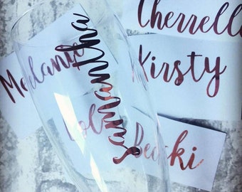Bridesmaid Champagne Flute Decals, Custom Name Vinyl Sticker