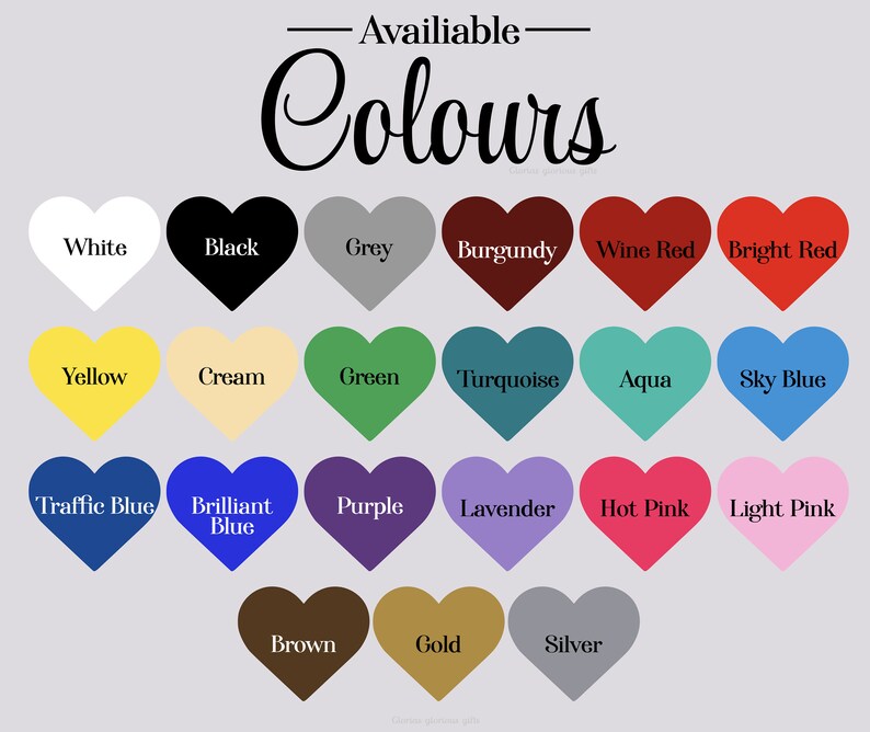 K&ouml;nnte beinhalten: Eine Tabelle mit herzf&ouml;rmigen Farbmustern mit dem Text "Availiable Colours" oben. Die Farben umfassen Wei&szlig;, Schwarz, Grau, Burgunder, Weinrot, Rot, Gelb, Creme, Gr&uuml;n, T&uuml;rkis, Aqua, Himmelblau, Verkehrsblau, Brillantblau, Lila, Lavendel, Pink, Hellrosa, Braun, Gold und Silber.