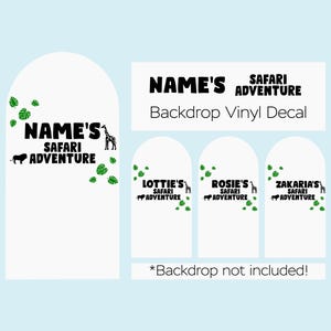 May include: A set of five white vinyl decals with a safari theme. The decals feature a giraffe, lion, and leaves. The text on the decals reads "NAME'S SAFARI ADVENTURE".