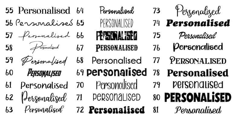 K&ouml;nnte beinhalten: Eine Sammlung von 26 verschiedenen Schriftstilen f&uuml;r das Wort "Personalisiert". Die Schriften reichen von schlicht und elegant bis hin zu fett und verspielt.