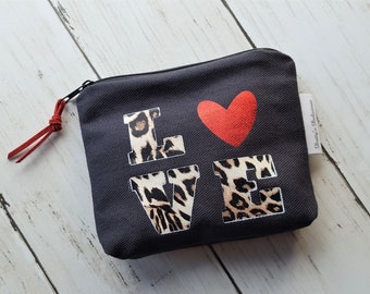 Black canvas heart coin purse | Love personalised zipper bag | Animal print coin pouch | love bag for Mum | gift for her | tiny purse