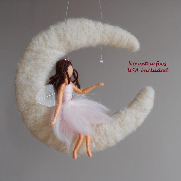 Needle Felted Fairy Doll on Moon with LED Lights: Crystal Star Decor