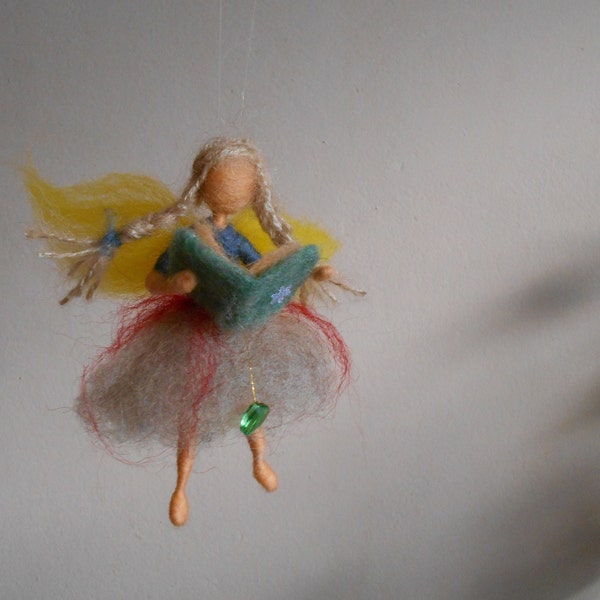 Wool felt fairy - Miniature mobile doll needle felted holding a book - Waldorf inspired - Home art deco - fairy decorations - girls gift