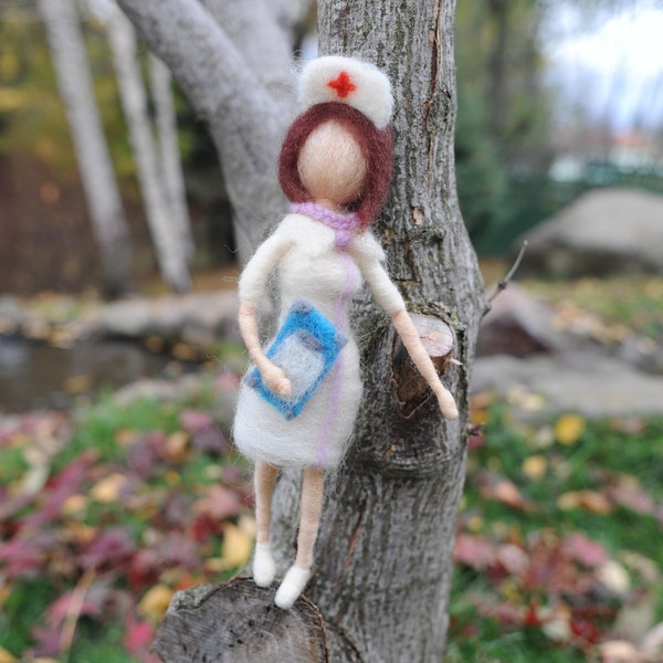 Nurse felt doll - soft figurine - handmade needle felted wool decoration - minimalist gift - Waldorf inspired