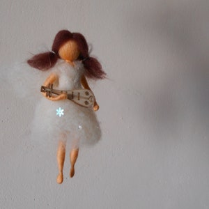 Angel doll with lute, felted ornament doll for house decor, miniature Waldorf inspired, original handmade inspirational art, soft figurine