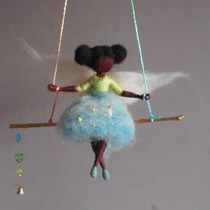 African American felted fairy doll on a swing -Hanging girl mobile Waldorf inspired -Needle felted black fairy decorated with Czech crystals