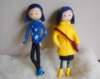 Felted doll, art girl figurine character, inspired in Coraline, needle felted soft sculpture.