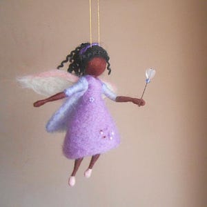 Black fairy handmade felted miniature doll,African American soft figurine Waldorf inspired,wool black fairy, nursery,wool ornament art decor