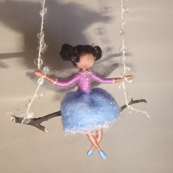 Black fairy doll on a swing, wool felted miniature figurine Waldorf inspired, African American fairy decoration, girl's room ornament