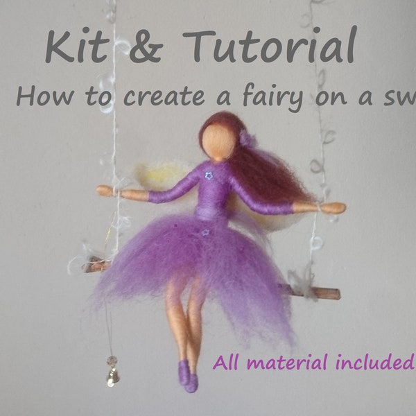 Needle felt Kit and Tutorial for creating a Fairy on a swing -Adult and children craft -All material is included, choose hair & dress colors