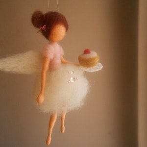 Fairy miniature doll with cake - Needle felted fairy in soft colors ballerina style - Waldorf inspired - Soft wool hanging doll with pastry