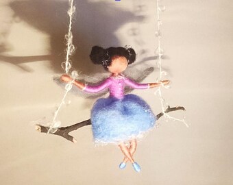 Black fairy doll on a swing, wool felted miniature figurine Waldorf inspired, African American fairy decoration, girl&#39;s room ornament