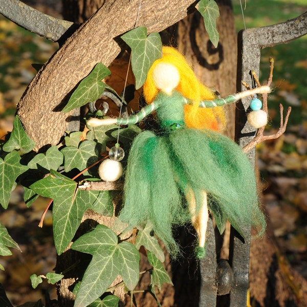 Fairy on a swing, Waldorf inspired, figurine wool doll, wool felted soft sculpture - home ornament - inspirational art - minimalist gift