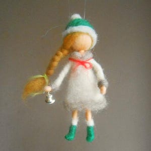 Felted doll, miniature winter decoration, needle felted handmade doll Christmas tree ornament Waldorf inspired hanging figurine. Soft doll