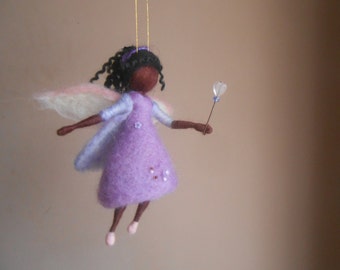 Black fairy handmade felted miniature doll,African American soft figurine Waldorf inspired,wool black fairy, nursery,wool ornament art decor