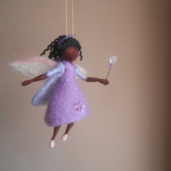 Black fairy handmade felted miniature doll,African American soft figurine Waldorf inspired,wool black fairy, nursery,wool ornament art decor