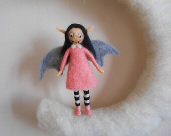 Vampire fairy doll, felted miniature moon character, hanging ornament for Halloween -needle felted Waldorf inspired decor girl room