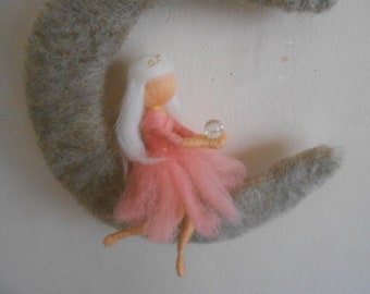 Needle Felted Fairy Mobile: Moon Decor with LED Lights & Crystal Beads