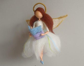 Angel felt with book, needle felted figurine, Waldorf inspired, white angel hanging doll, house warming art decoration