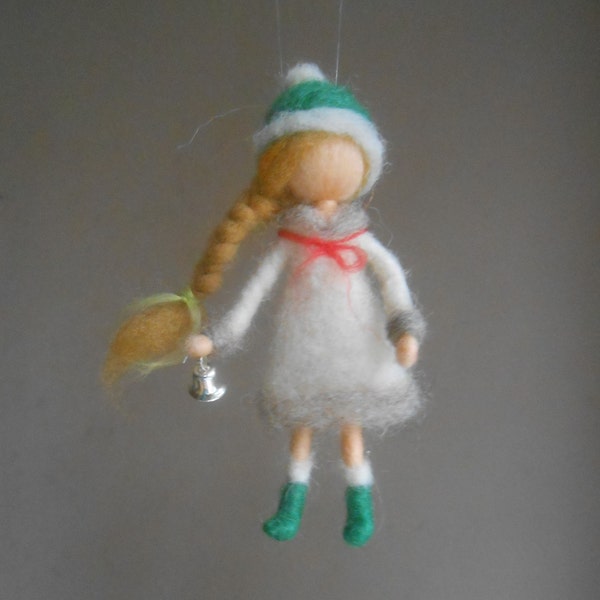 Felted doll, miniature winter decoration, needle felted handmade doll Christmas tree ornament Waldorf inspired hanging figurine. Soft doll