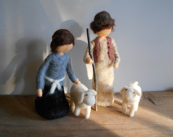 Felted shepherds with sheep for Nativity set, Waldorf inspired soft needle felted figurines