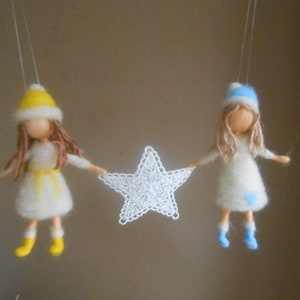 Dolls mobile, needle felted, two winter dolls holding a star - Waldorf inspired -House warming Christmas decoration - girls bedroom, nursery