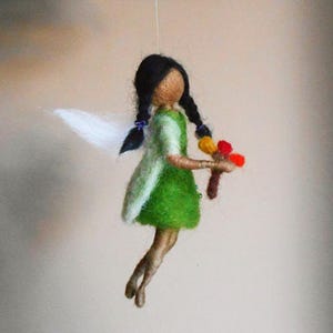 Indian fairy doll, handmade wool felted Waldorf inspired, girl&#39;s room decoration, miniature ornament African American, black figurine
