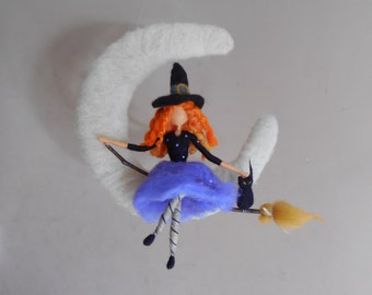 Witch hanging doll on a magic broom -soft figurine wool felted -Waldorf inspired -Halloween decoration -witch doll with broom and black cat