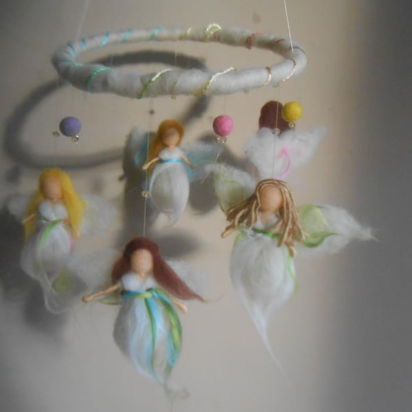 Angels mobile wool needle felted - Montessori inspired - rainbow guardian angel nursery mobile - hanging soft figurines home decor