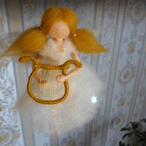 Angel miniature doll with harp, Waldorf inspired, hanging house decor, handmade needle felted white musical angel, Christmas winter decor
