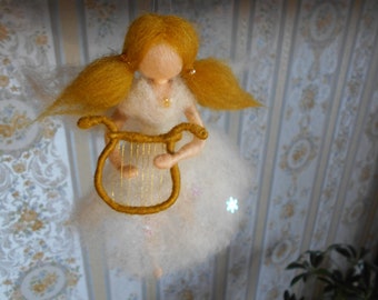 Angel miniature doll with harp, Waldorf inspired, hanging house decor, handmade needle felted white musical angel, Christmas winter decor