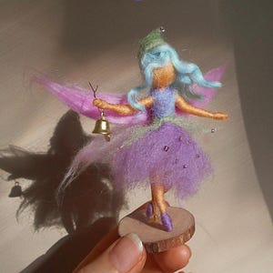 Miniature fairy doll felted, magical ornament, handmade soft figurine standing on a wood base, Waldorf inspired, girl&#39;s gift,