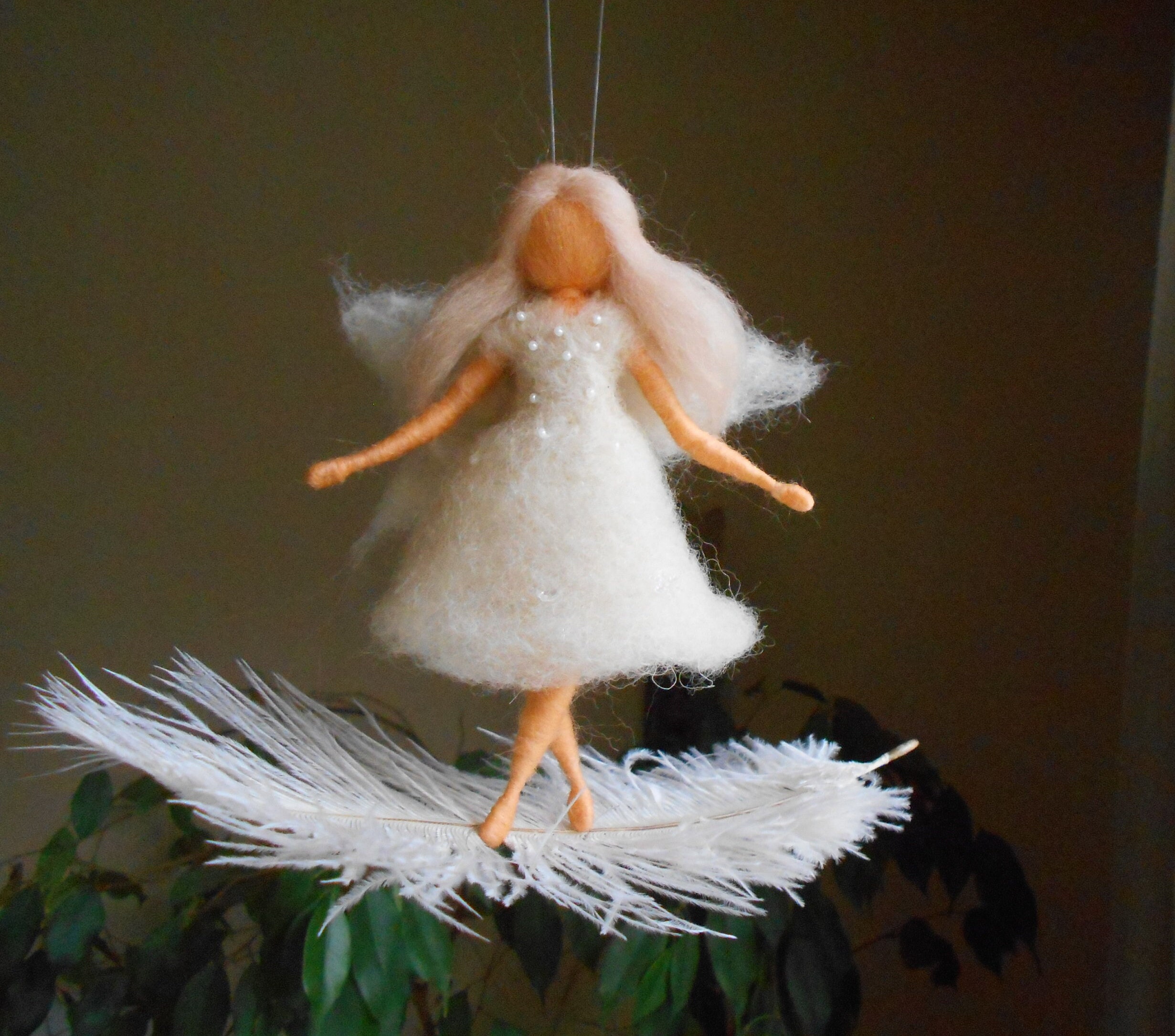 Angel ornament fairy doll on a feather, Waldorf inspired -Christmas ornament, house warming, tree hanging decoration, handmade wool art