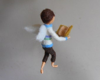 Angel boy reading book, Waldorf inspired, needle felted boy figurine, ornament fairy doll with book, house warming