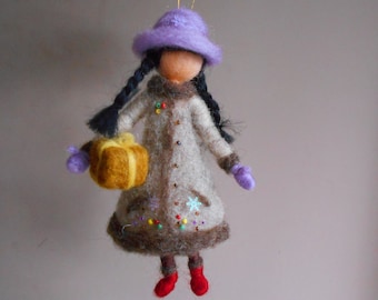 Needle felted doll, handmade present for decoration, soft doll with gift box, Waldorf inspired, miniature art hanging doll, house warming