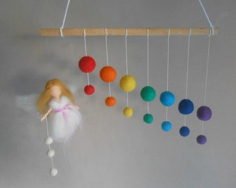 Montessori Gobbi mobile wool felted in rainbow colors with needle felted angel - visual mobile Montessori inspired - boy girl nursery mobile