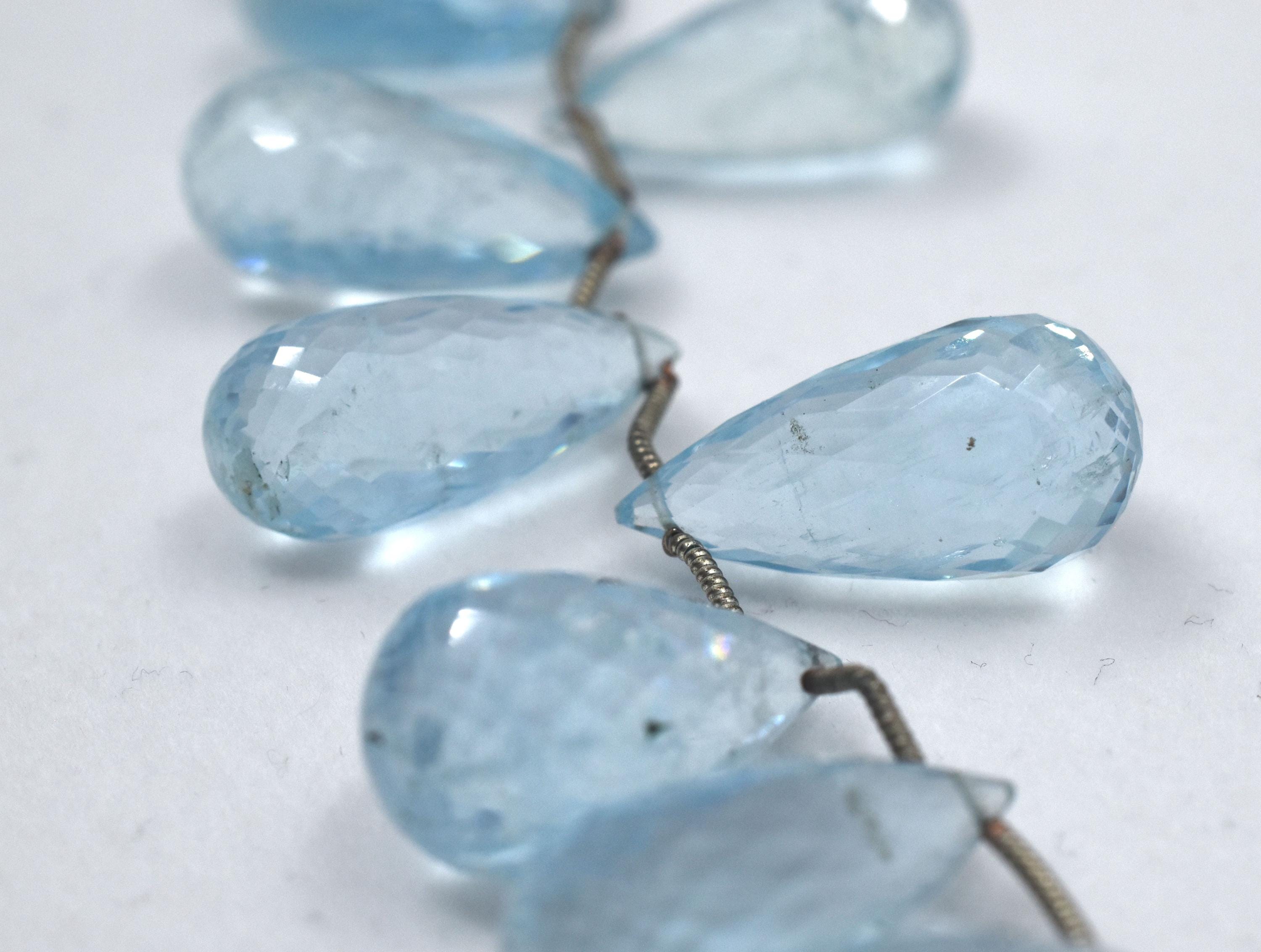 129 Cts 7x15mm Natural Aquamarine Faceted Briolette String W/ Blue